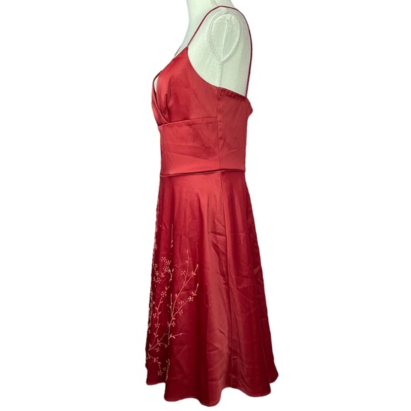 Embroidered Beaded Satin Dress 13 burgundy red underlay spaghetti strap Y2K - Picture 3 of 15